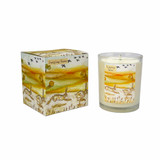 A Heaven Scent 20cl scented candle in a clear glass jar alongside its matching illustrated gift box. Aroma: Pumpkin Spice; Illustration: Running Hares