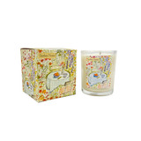 A Heaven Scent 20cl scented candle in a clear glass jar alongside its matching illustrated gift box. Aroma: Lime, Basil & Mandarin; Illustration: Garden Picnic