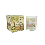 A Heaven Scent 20cl scented candle in a clear glass jar alongside its matching illustrated gift box. Aroma: Rosemary, Sage & Thyme; Illustration: Herb Garden Potting Shed