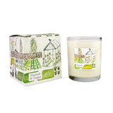 A Heaven Scent 20cl scented candle in a clear glass jar alongside its matching illustrated gift box. Aroma: Rhubarb & Ginger; Illustration: Greenhouse & Allotment