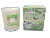A Heaven Scent 20cl scented candle in a clear glass jar alongside its matching illustrated gift box. Aroma: Wildflower; Illustration: Chickens & Watering Can