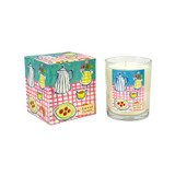 A Heaven Scent 20cl scented candle in a clear glass jar alongside its matching illustrated gift box. Aroma: Summer Berries, Rosehip; Illustration: Coffee Pot & Yellow Jug