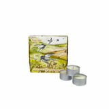 Heaven Scent tealights 20cl alongside an illustrated gift box which holds 9 scented tealights. Aroma: Herb; Illustration: Breezy Days