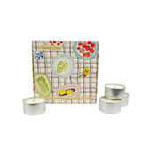 Heaven Scent tealights 20cl alongside an illustrated gift box which holds 9 scented tealights. Aroma: Limeleaf & Ginger; Illustration: Summer Citrus