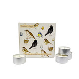 Heaven Scent tealights 20cl alongside an illustrated gift box which holds 9 scented tealights. Aroma: Bergamot & Lemon; Illustration: British Garden Birds