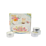Heaven Scent tealights 20cl alongside an illustrated gift box which holds 9 scented tealights. Aroma: Mediterranean Fig & Olive; Illustration: Sweet Figs