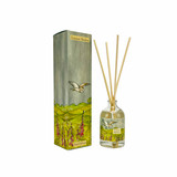A Heaven Scent 100ml reed diffuser kit featuring a clear apothecary-style glass bottle, a bundle of 10 natural rattan reed sticks and an elegantly illustrated gift box. Aroma: Rosehip; Illustration: Summer Meadows