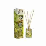 A Heaven Scent 100ml reed diffuser kit featuring a clear apothecary-style glass bottle, a bundle of 10 natural rattan reed sticks and an elegantly illustrated gift box. Aroma: Herb; Illustration: Breezy Days Flying Swallows