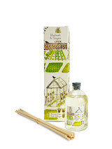 A Heaven Scent 100ml reed diffuser kit featuring a clear apothecary-style glass bottle, a bundle of 10 natural rattan reed sticks and an elegantly illustrated gift box. Aroma: Rhubarb & Ginger; Illustration: Greenhouse & Allotment