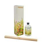 A Heaven Scent 100ml reed diffuser kit featuring a clear apothecary-style glass bottle, a bundle of 10 natural rattan reed sticks and an elegantly illustrated gift box. Aroma: Rose & Patchouli; Illustration: Cottage Garden
