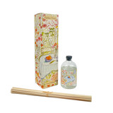 A Heaven Scent 100ml reed diffuser kit featuring a clear apothecary-style glass bottle, a bundle of 10 natural rattan reed sticks and an elegantly illustrated gift box. Aroma: Lime, Basil & Mandarin; Illustration: Garden Picnic