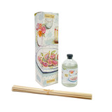 A Heaven Scent 100ml reed diffuser kit featuring a clear apothecary-style glass bottle, a bundle of 10 natural rattan reed sticks and an elegantly illustrated gift box. Aroma: Mediterranean Fig & Grape; Illustration: Sweet Figs
