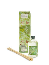A Heaven Scent 100ml reed diffuser kit featuring a clear apothecary-style glass bottle, a bundle of 10 natural rattan reed sticks and an elegantly illustrated gift box. Aroma: Wildflower; Illustration: Chickens & Watering Can
