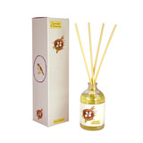 A Heaven Scent new SUMMER 100ml Reed Diffuser in a clear glass apothecary bottle with 10 natural reed sticks alongside its matching illustrated gift box. Aroma: Lavender & Geranium; Illustration: Eggs in a Nest