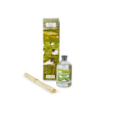 A Heaven Scent 100ml reed diffuser kit featuring a clear apothecary-style glass bottle, a bundle of 10 natural rattan reed sticks and an elegantly illustrated gift box. Aroma: Aloe & Straw; Illustration: Black-faced Sheep