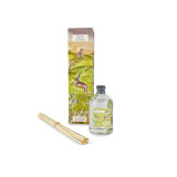 A Heaven Scent 100ml reed diffuser kit featuring a clear apothecary-style glass bottle, a bundle of 10 natural rattan reed sticks and an elegantly illustrated gift box. Aroma:  Apple Blossom; Illustration: Jumping Hares