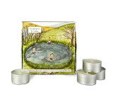 Heaven Scent tealights shown alongside an illustrated gift box which holds 9 scented tealights. Aroma: Eucalyptus & Cedar; Illustration: Wild Swimming