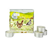 Heaven Scent tealights shown alongside an illustrated gift box which holds 9 scented tealights. Aroma: Lime, Basil & Mandarin; Illustration: Free Range Chickens