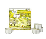 Heaven Scent tealights shown alongside an illustrated gift box which holds 9 scented tealights. Aroma: Lavender & Geranium; Illustration: Girl & Dog