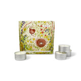 Heaven Scent tealights shown alongside an illustrated gift box which holds 9 scented tealights. Aroma: Bluebell; Illustration: Wren on Nest with Spring Flowers