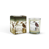 A Heaven Scent Autumn/Winter 9cl scented votive candle in a clear glass jar alongside its matching illustrated gift box. Both the candle label and the box feature. Aroma: Rosemary, Sage & Thyme; Illustration: Winter Thyme, Little Owl