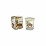 A Heaven Scent Autumn/Winter 9cl scented votive candle in a clear glass jar alongside its matching illustrated gift box. Both the candle label and the box feature. Aroma: Black Cherry; Illustration: Winter Ramble, Hedgehog
