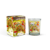 A Heaven Scent Autumn/Winter 9cl scented votive candle in a clear glass jar alongside its matching illustrated gift box. Both the candle label and the box feature. Aroma: Hedgerows; Illustration: Harvest Mouse