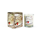 A Heaven Scent Autumn/Winter 9cl scented votive candle in a clear glass jar alongside its matching illustrated gift box. Both the candle label and the box feature. Aroma: Wild Fig & Grape; Illustration: Plum Pudding, Robin