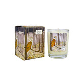A Heaven Scent Autumn/Winter 9cl scented votive candle in a clear glass jar alongside its matching illustrated gift box. Both the candle label and the box feature. Aroma: Nutmeg, Orange & Cinnamon; Illustration: Starry Night, Barn Owl