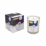 A Heaven Scent Autumn/Winter 20cl scented candle in a clear glass jar alongside its matching illustrated gift box. Aroma: Ivy; Illustration: Northern Lights, Polar Bear