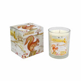 A Heaven Scent Autumn/Winter 20cl scented candle in a clear glass jar alongside its matching illustrated gift box. Aroma: Amber & Tonka Bean; Illustration: Frosty Morning, Red Squirrel