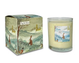 A Heaven Scent Autumn/Winter 20cl scented candle in a clear glass jar alongside its matching illustrated gift box. Aroma: Fig & Olive; Illustration: Church, Hare & Pheasant