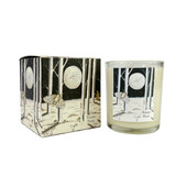 A Heaven Scent Autumn/Winter 20cl scented candle in a clear glass jar alongside its matching illustrated gift box. Aroma: Shiso, Frankincense & Vetiver; Illustration: Winter Moon, Moth & Moon