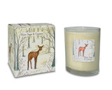 A Heaven Scent Autumn/Winter 20cl scented candle in a clear glass jar alongside its matching illustrated gift box. Aroma: White Sage & Cypress; Illustration: Deer in a Forest