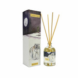 A Heaven Scent Autumn/Winter 100ml reed diffuser kit featuring a clear apothecary-style glass bottle, a bundle of 10 natural rattan reed sticks and an elegantly illustrated gift box. Aroma: Ivy; Illustration: Northern Lights, Polar Bear