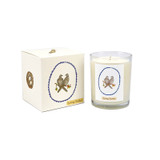 A Heaven Scent new SUMMER 20cl scented candle in a clear glass jar alongside its matching illustrated gift box. Aroma: Spring Flowers; Illustration: Two Turtle Doves