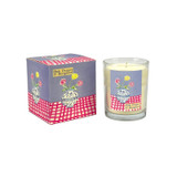 A Heaven Scent new SUMMER 20cl scented candle in a clear glass jar alongside its matching illustrated gift box. Aroma: Pink Pepper & Bergamot; Illustration: Blue & White Vase with Carnations