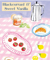 A Heaven Scent new SUMMER 20cl scented candle in a clear glass jar alongside its matching illustrated gift box. Aroma: Black Currant & Sweet Vanilla; Illustration: Coffee Pot, Croissant & Lemons