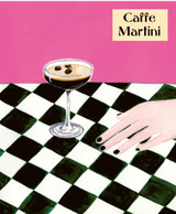 A Heaven Scent new SUMMER 20cl scented candle in a clear glass jar alongside its matching illustrated gift box. Aroma: Caffe Martini; Illustration: Espresso Martini on a chequerboard table cloth