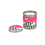 A Heaven Scent new SUMMER 20cl scented candle in a clear glass jar alongside its matching illustrated gift box. Aroma: Caffe Martini; Illustration: Espresso Martini on a chequerboard table cloth