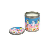 A Heaven Scent new SUMMER 20cl scented candle in a clear glass jar alongside its matching illustrated gift box. Aroma: Summer Berries; Illustration: Coffee Pot & Yellow Jug