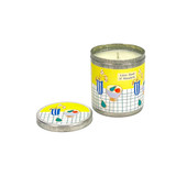 A Heaven Scent new SUMMER 20cl scented candle in a clear glass jar alongside its matching illustrated gift box. Aroma: Lime, Basil & Mandarin; Illustration: Fruit Bowl with Pear