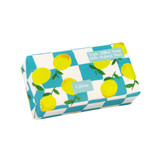 A Heaven Scent new spring/summer 150g natural soap bar, wrapped in an illustrative recyclable paper. Aroma: Summer Citrus; Illustration: Lemons on a Green & White Chequered Table Cloth
