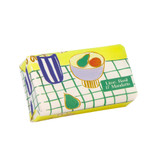 A Heaven Scent new spring/summer 150g natural soap bar, wrapped in an illustrative recyclable paper. Aroma: Lime, Basil & Mandarin; Illustration: Fruit Bowl and Blue & White Striped Vase on a chequered tablecloth