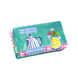 A Heaven Scent new spring/summer 150g natural soap bar, wrapped in an illustrative recyclable paper. Aroma: Summer Berries; Illustration: Coffee Pot, Yellow & White chequered Jug with spring flowers