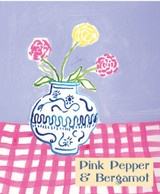 A Heaven Scent new SUMMER wax melt flowers alongside their matching illustrated gift box. Aroma: Pink Pepper & Bergamot; Illustration: Blue & White Vase with Carnations