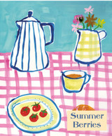 A Heaven Scent new SUMMER 100ml Reed Diffuser in a clear glass apothecary bottle with 10 natural reed sticks alongside its matching illustrated gift box. Aroma: Summer Berries; Illustration: Coffee Pot & Yellow Jug