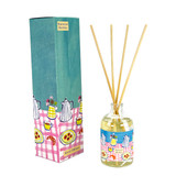 A Heaven Scent new SUMMER 100ml Reed Diffuser in a clear glass apothecary bottle with 10 natural reed sticks alongside its matching illustrated gift box. Aroma: Summer Berries; Illustration: Coffee Pot & Yellow Jug