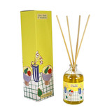 A Heaven Scent new SUMMER 100ml Reed Diffuser in a clear glass apothecary bottle with 10 natural reed sticks alongside its matching illustrated gift box. Aroma: Lime, Basil & Mandarin; Illustration: Fruit Bowl with Pear
