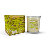 A Heaven Scent 20cl scented votive candle in a clear glass jar alongside its matching illustrated gift box. Both the candle label and the box feature. Aroma: Apple Blossom; Illustration: Dancing Hares.